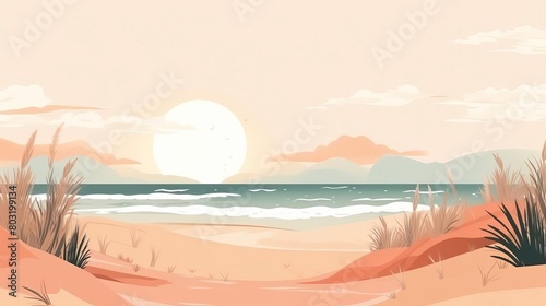 A beautiful minimalist landscape of a beach with a setting sun and light pink sky.