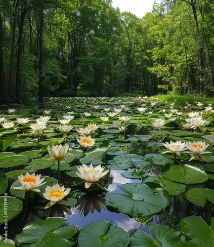 White water lilies in a pond surrounded by a forest