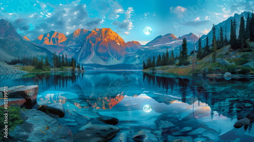 A mountain lake vista with the lunar eclipse reflected in the crystal-clear waters, creating a serene and ethereal scene. lunar eclipse