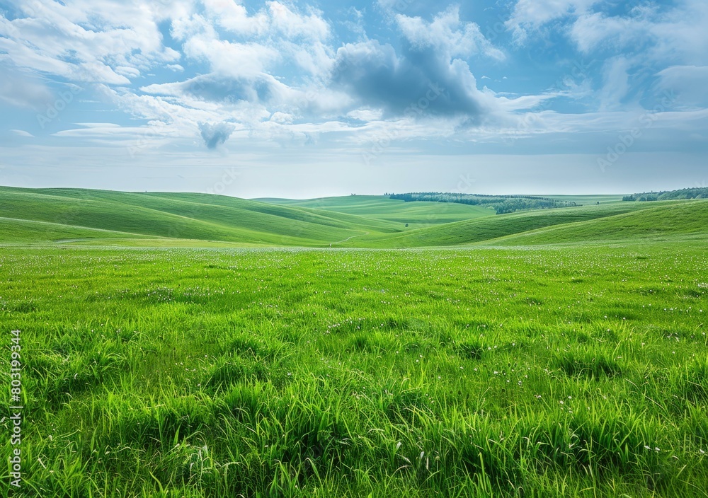 Green rolling hills under a blue sky with white clouds Green rolling hills under a blue sky with white clouds