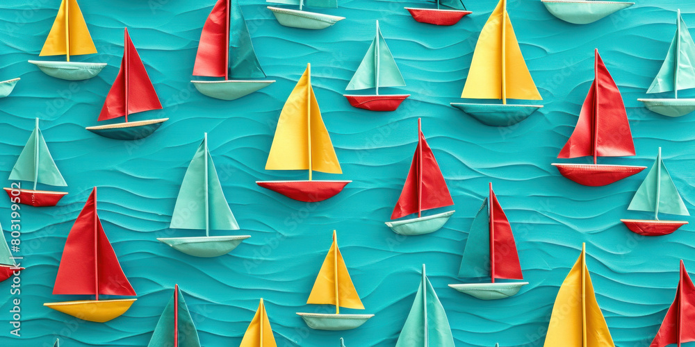 Colorful sailboats on a blue background with a pattern of red, yellow, green, and blue in the sea Colorful sailboats on a blue background with a pattern of red, yellow, green, and blue in the sea