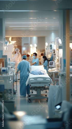 Hospital staff in a hospital room with a patient in a bed