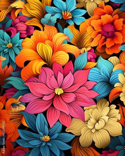 Vivid acid flowers, seamless pattern, bright color scheme, flat vector graphic for wall paper , seamless pattern