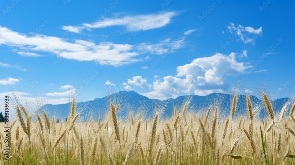 Obraz premium A beautiful golden wheat field with mountains in the distance under a blue sky