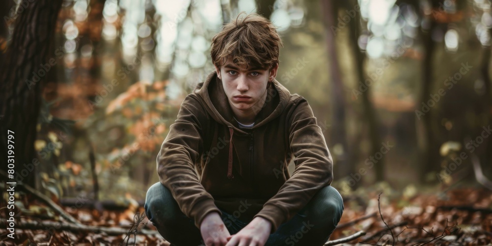 A teenage boy is squatting in the woods A teenage boy is squatting in the woods