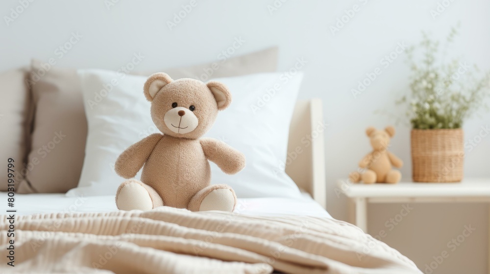 A cute teddy bear sitting on a bed A cute teddy bear sitting on a bed
