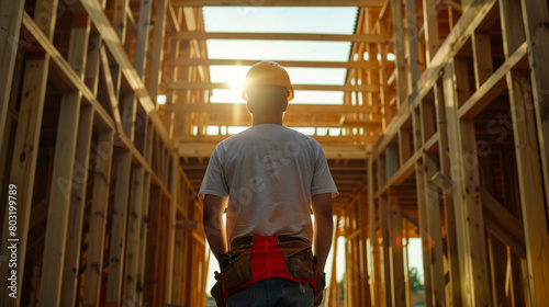 A construction worker wearing a hard hat stands in a large open space. The worker is looking up at the ceiling, possibly checking for any issues or problems
