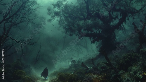 Man walking through a dark forest photo