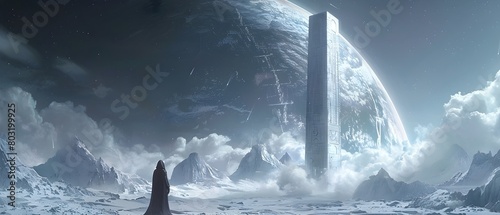 Sentient Obelisk Guiding Ethereal Beings Through Cosmic Landscapes of Futuristic Enlightenment © Sataporn