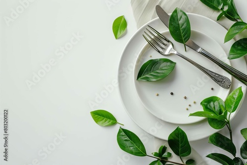 elegant table setting with fresh green leaves on white background minimalist food photography