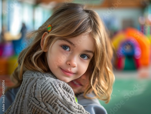 Little girl with blonde hair and blue eyes smiling