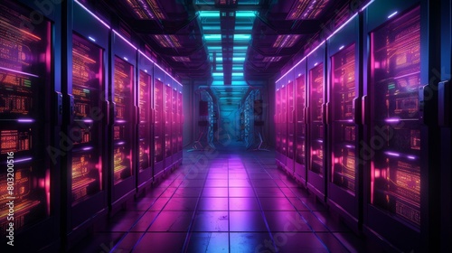 Futuristic Sci-Fi Server Room With Glowing Neon Lights photo