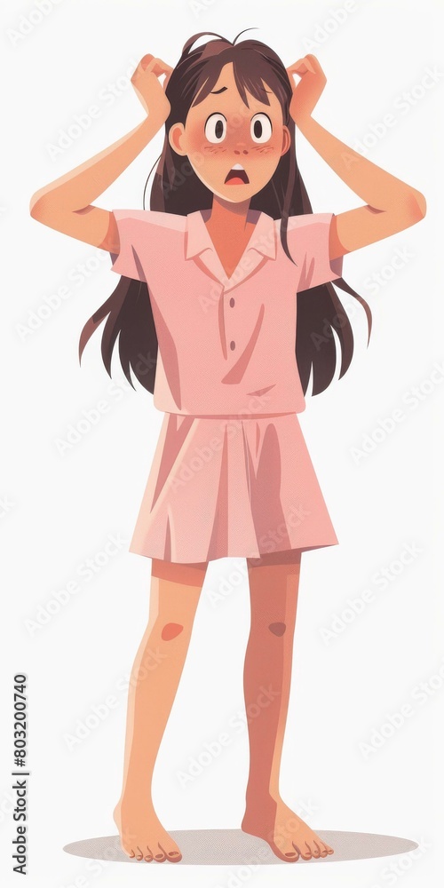 An illustration of a girl in pink pajamas pulling her hair An illustration of a girl in pink pajamas pulling her hair