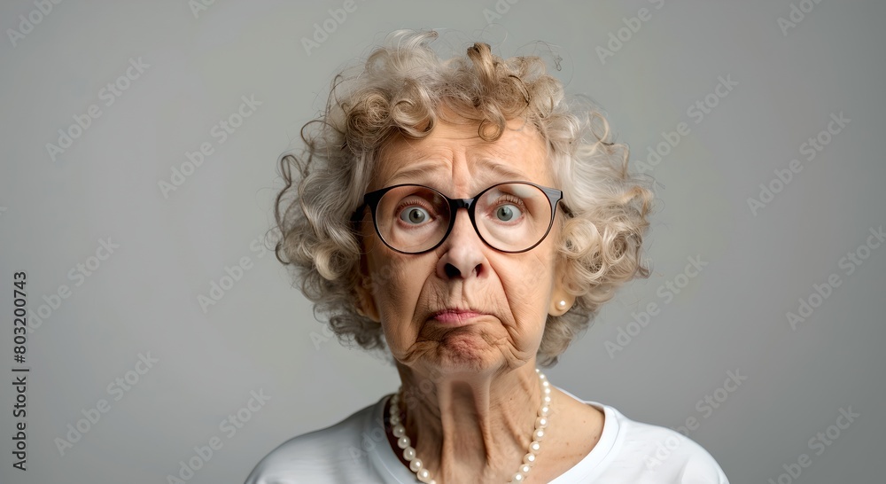 Elderly woman with surprised expression, gray background. Studio portrait, clear emotions. Perfect for advertisements, elderly concepts. AI