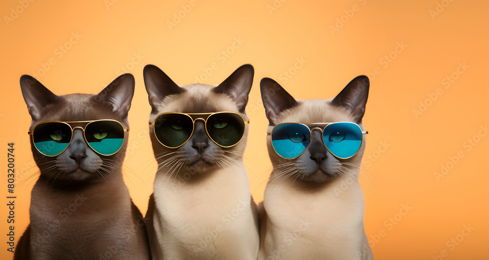 Creative animal concept. Group of Siamese cat kitty kitten friends in sunglass shade glasses isolated on solid pastel background, commercial, editorial advertisement, copy text space	
