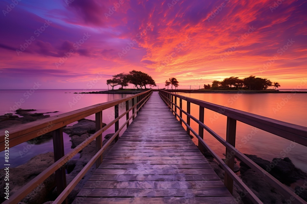 Wooden dock extending into a calm sea at sunset