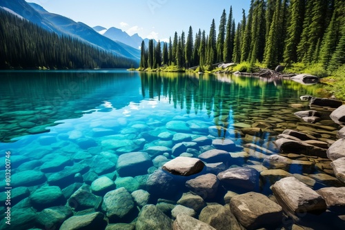 The crystal clear water of a mountain lake reflects the surrounding mountains and trees photo