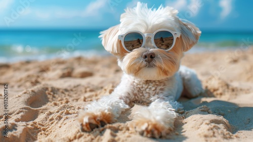 Dog with sunglasses on the beach © anwel