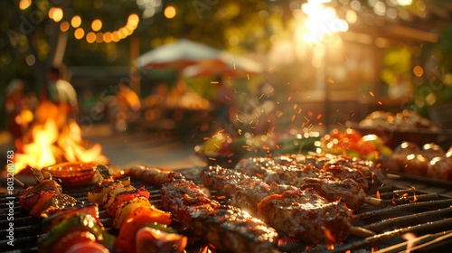 Mouthwatering BBQ on the grill, while a festive party unfolds in the background, blending flavors and fun. photo