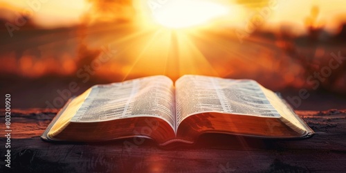 An open Bible on a wooden table with a sunset in the background photo