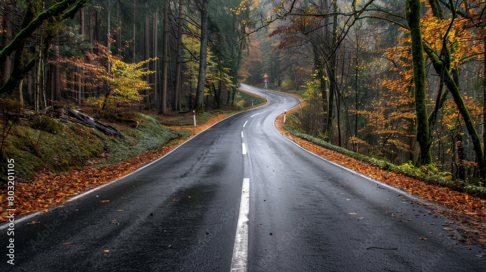 A photo of an empty winding road through a colorful fall forest.