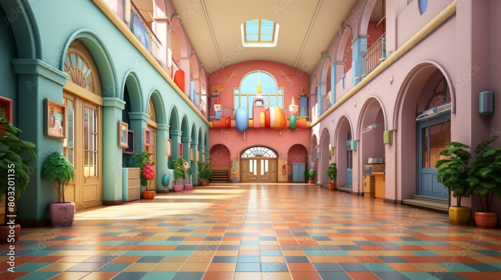 A colorful school hallway with lockers, plants, and a balloon arch