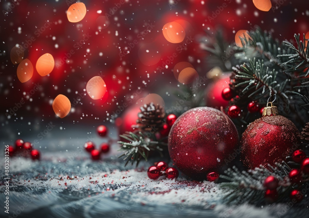 Red and white Christmas ornaments on a snowy background