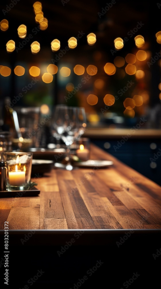 Rustic wooden table with a candle and wine glasses in the background Rustic wooden table with a candle and wine glasses in the background