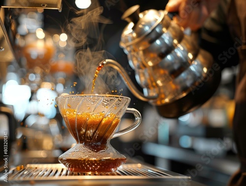 Barista pouring hot water from a kettle into a coffee filter