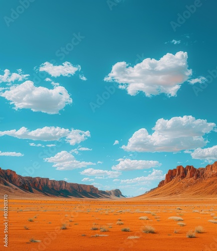 A vast desert landscape with red rocks and blue sky