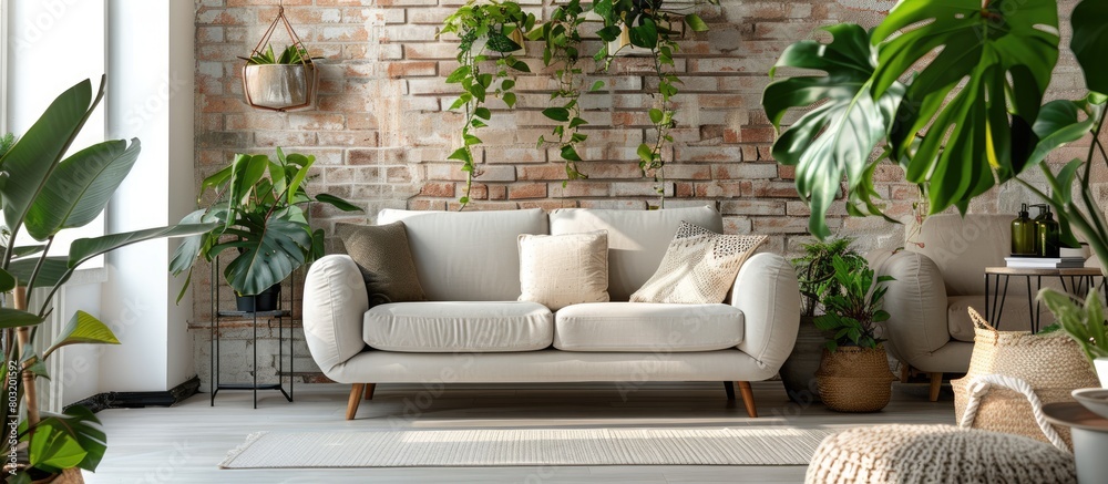Mockup concept of a cozy sofa surrounded by potted plants in a white living room featuring a brick wall. Mockup concept of a cozy sofa surrounded by potted plants in a white living room featuring a brick wall.