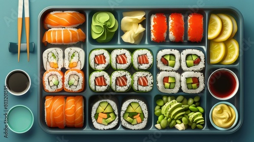Beautifully arranged Japanese bento box with various sushi types and condiments