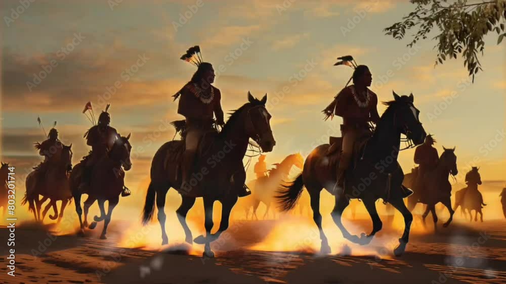 Silhouette of American Indian warriors riding horse in desert