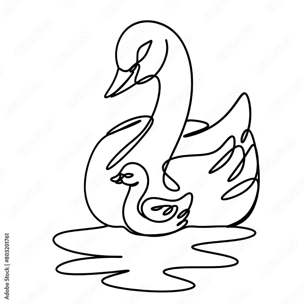 Mom and baby swans swimming in water one line art