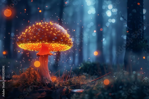 enchanting luminescent red mushroom glowing in dark mystical forest fantasy nature concept digital 3d illustration 1 © Lucija