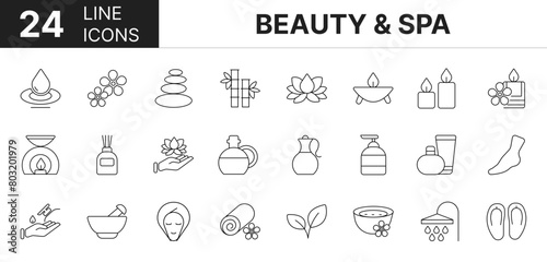 Collection of 24 Beauty & Spa line icons featuring editable strokes. These outline icons depict various modes of Beauty & Spa. Therapy, face, solarium, set, 