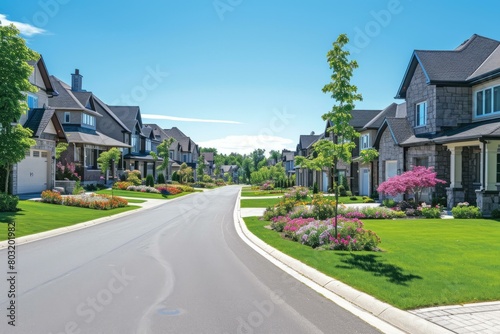 A beautiful tree lined suburban street with large houses and green lawns