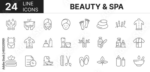 Collection of 24 Beauty & Spa line icons featuring editable strokes. These outline icons depict various modes of Beauty & Spa. Therapy, face, solarium, set, 