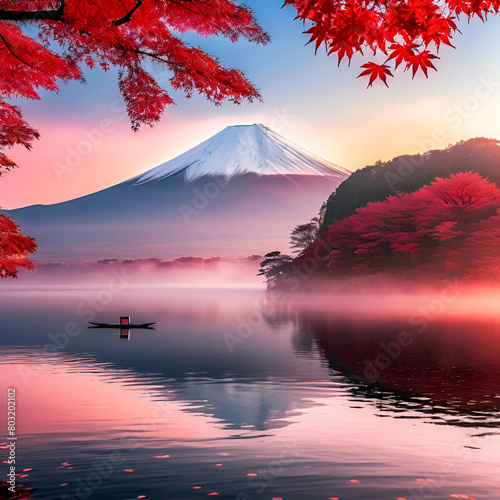 Colorful Autumn Season and Mountain Fuji with morning fog and red leaves at lake Kawaguchiko is one of the best places in Japan © Muhammad