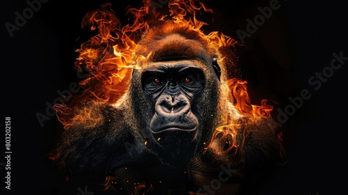 Cute wild animal gorilla, isolated black background. Power of blazing fire flame.