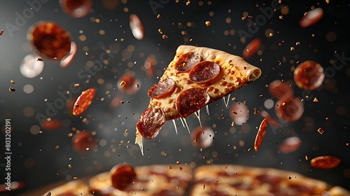 Delicious pepperoni pizza slice mid-air with toppings flying. Culinary delight, perfect for foodies. Mouth-watering fast food captured dynamically. Close-up shot expresses taste sensation. AI