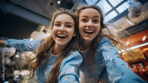 Two young women with long blond hair smiling and laughing while taking a selfie