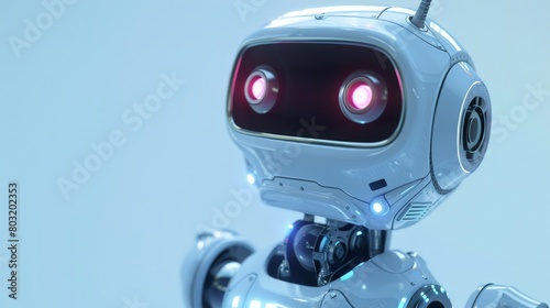 Humanoid robot with red light on blue background, future technology concept