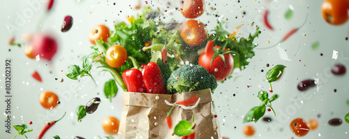 Fresh vegetables and fruits falling into the paper bag on white.