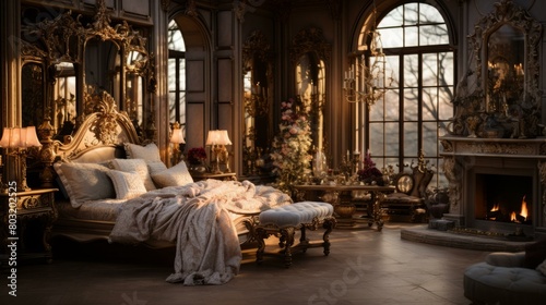 Ornate bedroom with a large bed, fireplace, and sitting area © Adobe Contributor