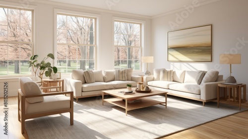 Airy living room with large windows and a comfortable seating area