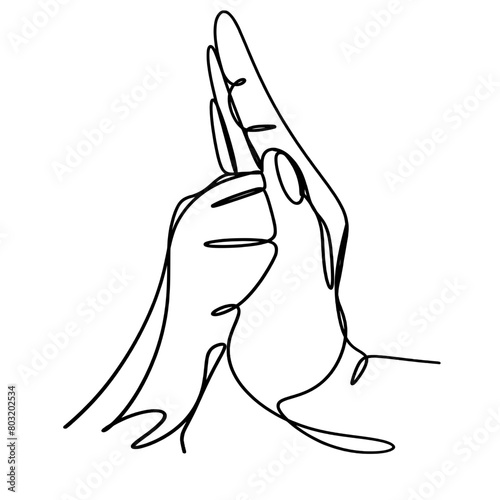 Human hand with dog paw one line art