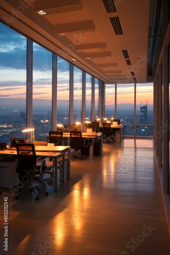 Office interior with empty workstations at sunset