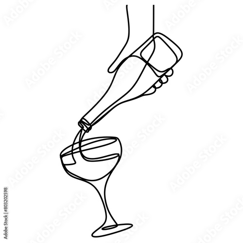 Wine pouring from bottle into glass one line art