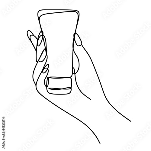 Hand holding cream tube one line art